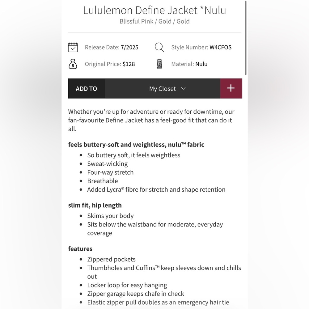Lululemon NWT Define Jacket Full Zipper, zipper pocket Blissful Pink Gold 12 - Picture 8 of 15
